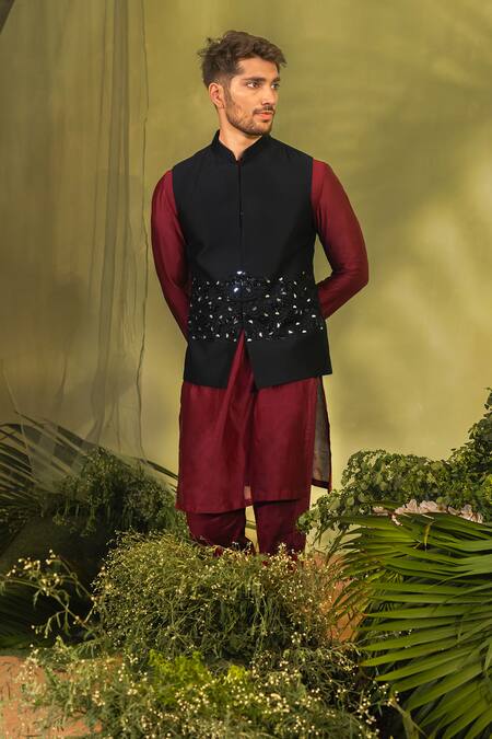 Buy_Runit Gupta_Black Chanderi Silk Cut Work, Sequins Cutdana Embroidered Bundi _Online_at_Aza_Fashions