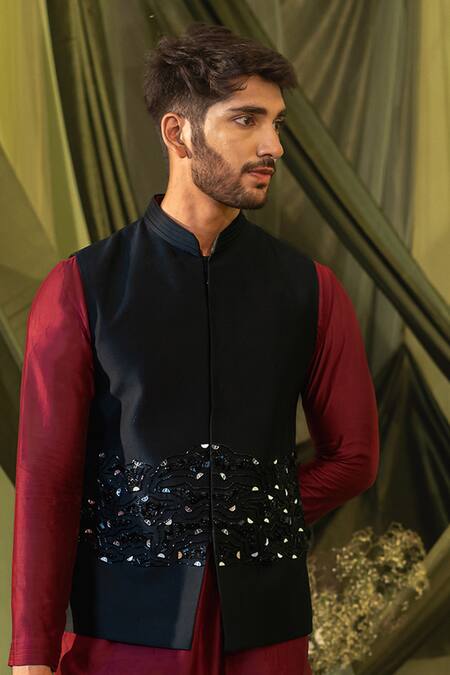 Shop_Runit Gupta_Black Chanderi Silk Cut Work, Sequins Cutdana Embroidered Bundi _Online_at_Aza_Fashions