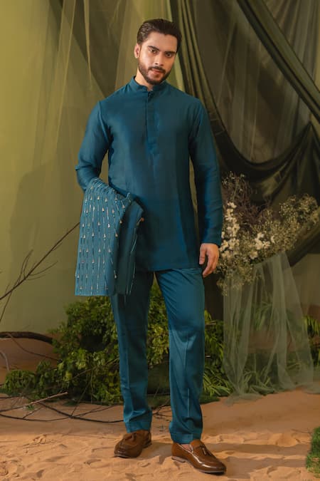 Buy_Runit Gupta_Blue Chanderi Silk, Velvet Embroidery Cobalt Kurta And Pant Set _Online_at_Aza_Fashions