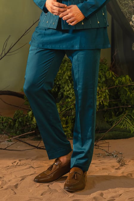 Shop_Runit Gupta_Blue Chanderi Silk, Velvet Embroidery Cobalt Kurta And Pant Set _Online_at_Aza_Fashions