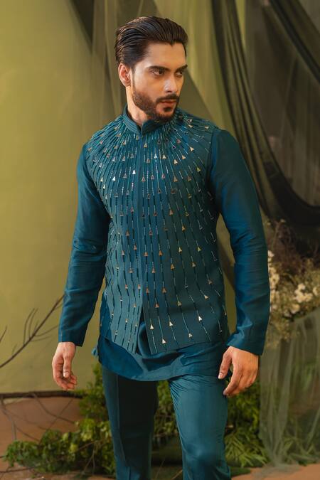 Buy_Runit Gupta_Blue Chanderi Silk, Velvet Embroidery Cobalt Kurta And Pant Set 