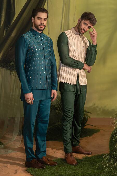 Shop_Runit Gupta_Blue Chanderi Silk, Velvet Embroidery Cobalt Kurta And Pant Set 