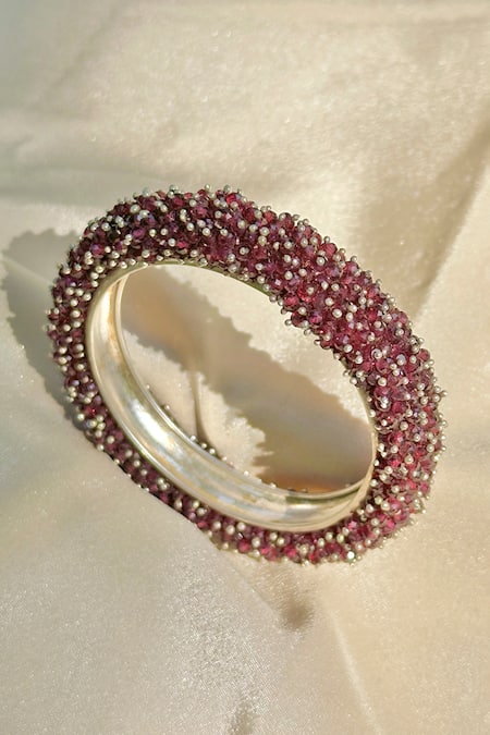 Shop Anuka Jewels Red Gota Patti Garnet Embellished 925 Sterling Silver Bangle at Aza Fashions Shop_Anuka Jewels_Red Gota Patti Garnet Embellished 925 Sterling Silver Bangle _at_Aza_Fashions