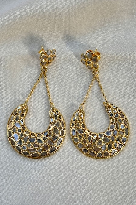 Shop Anuka Jewels Gold Plated Diamonds, Piping, Zari Polki Chandbalis at Aza Fashions Shop_Anuka Jewels_Gold Plated Diamonds, Piping, Zari Polki Chandbalis _at_Aza_Fashions