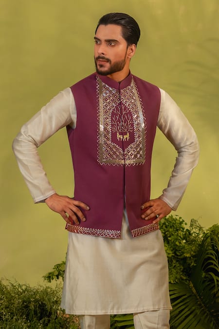 Runit Gupta Wine Embroidered Cutdana Bundi 