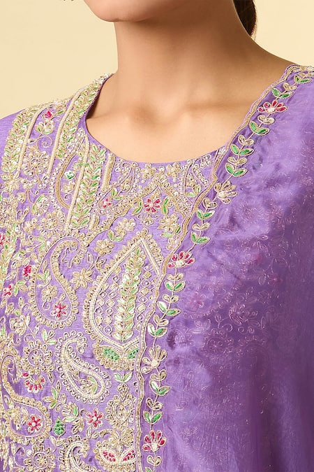 Samyukta Singhania Purple Silk, Chiffon Beads, Embroidery Round Neck Zardozi Lavender Kurta Set Online at Aza Fashions Samyukta Singhania_Purple Silk, Chiffon Beads, Embroidery Round Neck Zardozi Lavender Kurta Set _Online_at_Aza_Fashions
