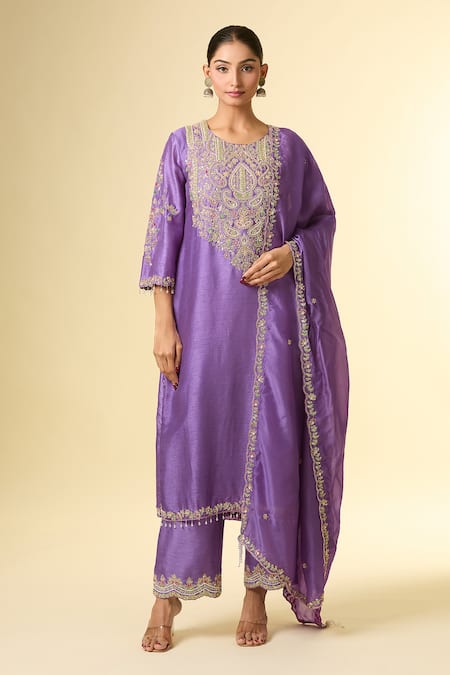 Shop Samyukta Singhania Purple Silk, Chiffon Beads, Embroidery Round Neck Zardozi Lavender Kurta Set Online at Aza Fashions Shop_Samyukta Singhania_Purple Silk, Chiffon Beads, Embroidery Round Neck Zardozi Lavender Kurta Set _Online_at_Aza_Fashions