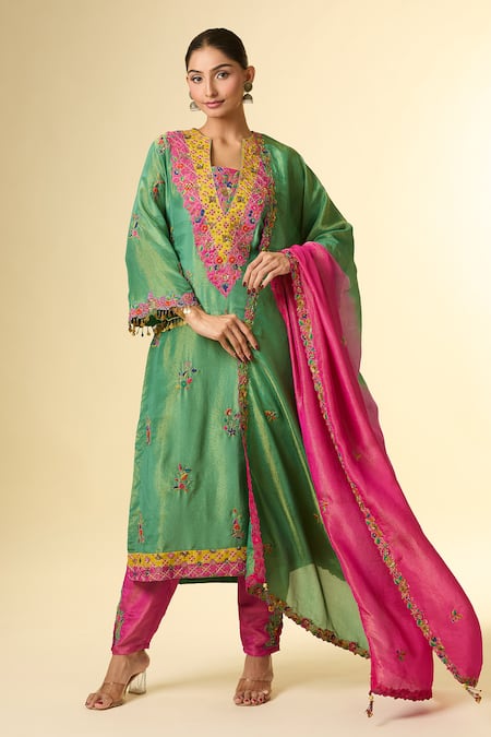 Samyukta Singhania_Green Cut Work, Embroidery Notched Neck Cutdana Kurta Set _Online_at_Aza_Fashions
