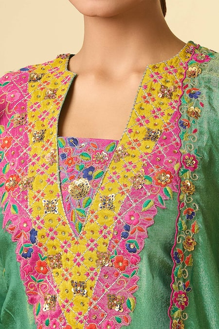 Shop_Samyukta Singhania_Green Cut Work, Embroidery Notched Neck Cutdana Kurta Set _Online_at_Aza_Fashions