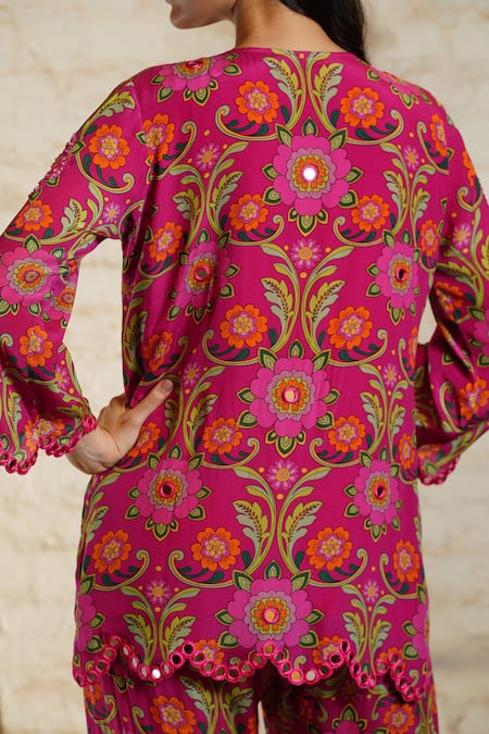 Shop_Sajeda A Lehry_Pink Crepe Sequins, Mirrors, Embroidery Round Floral Printed Kurta And Sharara Set _at_Aza_Fashions