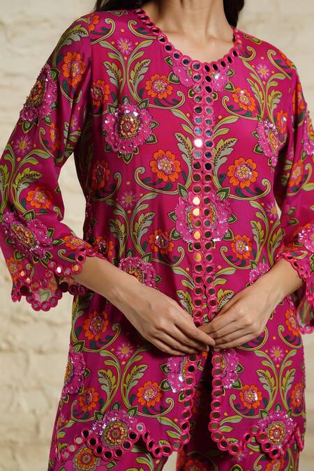 Sajeda A Lehry_Pink Crepe Sequins, Mirrors, Embroidery Round Floral Printed Kurta And Sharara Set _Online_at_Aza_Fashions