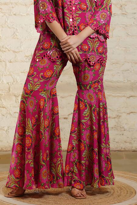 Buy_Sajeda A Lehry_Pink Crepe Sequins, Mirrors, Embroidery Round Floral Printed Kurta And Sharara Set _Online_at_Aza_Fashions