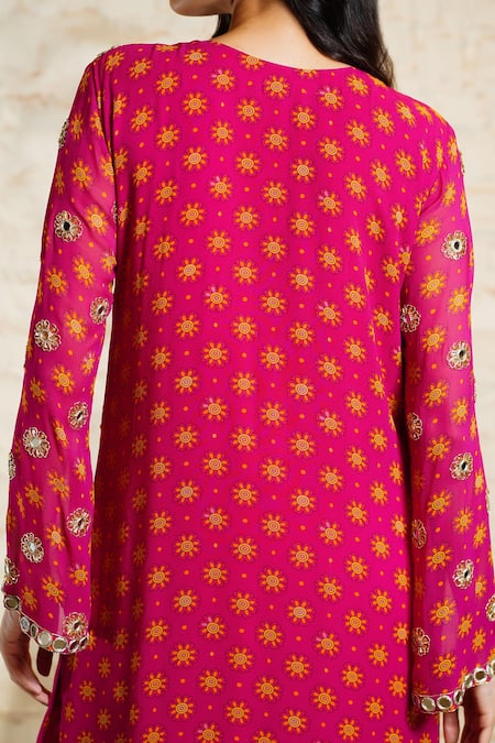 Shop_Sajeda A Lehry_Pink Georgette Embroidery Open Neck Floral Print Kurta Set _at_Aza_Fashions