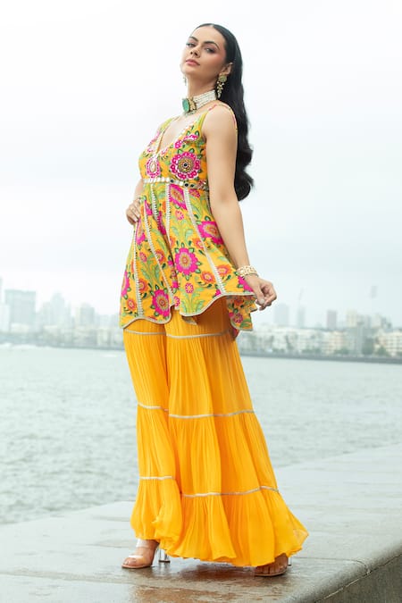 Shop_Sajeda A Lehry_Yellow Georgette, Silk Sequins, Cut Work V-neck Floral Print Peplum Kurta Set _at_Aza_Fashions