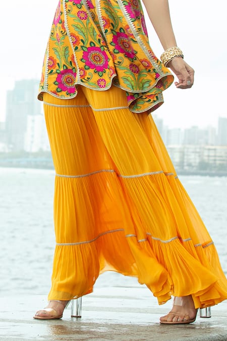 Buy_Sajeda A Lehry_Yellow Georgette, Silk Sequins, Cut Work V-neck Floral Print Peplum Kurta Set _Online_at_Aza_Fashions