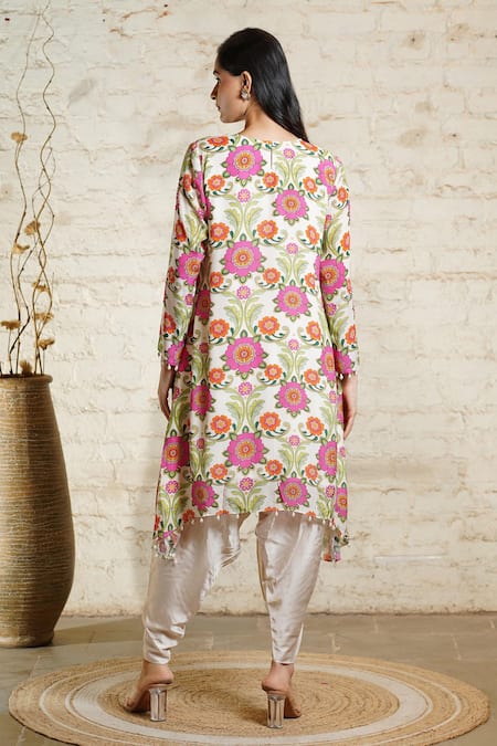 Shop_Sajeda A Lehry_Ivory Crepe, Linen Cut Work, Sequins, Mirrors Floral Print Tunic With Dhoti Pant _at_Aza_Fashions