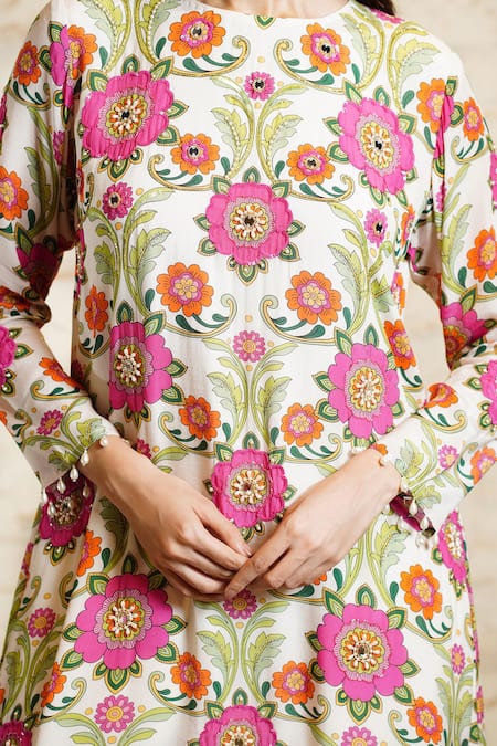 Sajeda A Lehry_Ivory Crepe, Linen Cut Work, Sequins, Mirrors Floral Print Tunic With Dhoti Pant _Online_at_Aza_Fashions