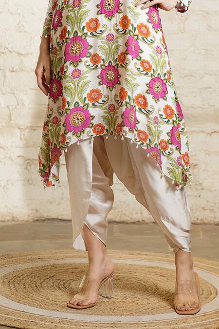 Buy_Sajeda A Lehry_Ivory Crepe, Linen Cut Work, Sequins, Mirrors Floral Print Tunic With Dhoti Pant _Online_at_Aza_Fashions
