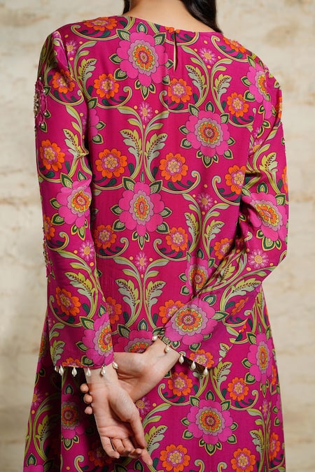 Shop_Sajeda A Lehry_Pink Crepe, Linen Sequins, Mirrors, Floral Print Asymmetric Tunic And Dhoti Pant _at_Aza_Fashions