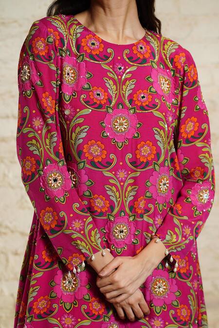 Sajeda A Lehry_Pink Crepe, Linen Sequins, Mirrors, Floral Print Asymmetric Tunic And Dhoti Pant _Online_at_Aza_Fashions