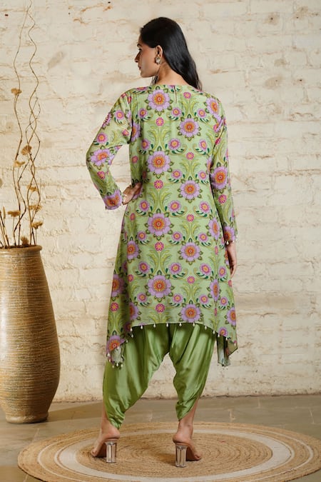 Shop_Sajeda A Lehry_Green Crepe, Linen Sequins, Pearls, Pista Floral Printed Tunic And Dhoti Pant Set _at_Aza_Fashions