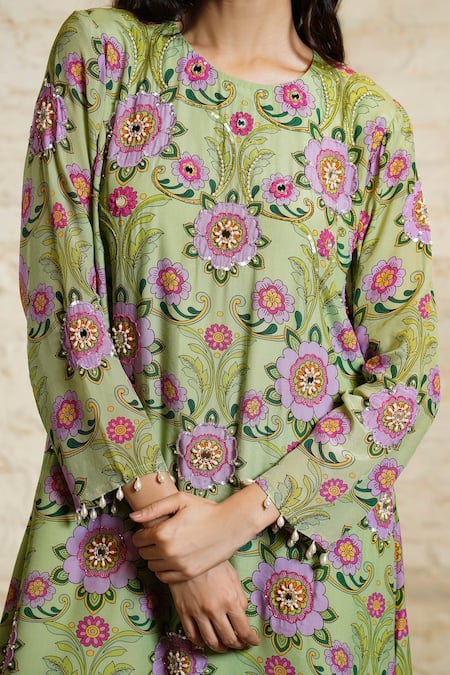 Sajeda A Lehry_Green Crepe, Linen Sequins, Pearls, Pista Floral Printed Tunic And Dhoti Pant Set _Online_at_Aza_Fashions