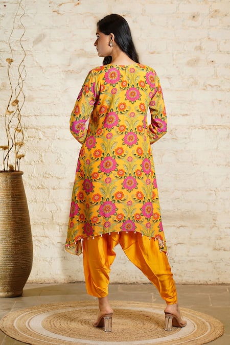 Shop Sajeda A Lehry Yellow Crepe Sequins, Pearls, Mirrors Floral Print Tunic Set With Dhoti Pant at Aza Fashions Shop_Sajeda A Lehry_Yellow Crepe Sequins, Pearls, Mirrors Floral Print Tunic Set With Dhoti Pant _at_Aza_Fashions