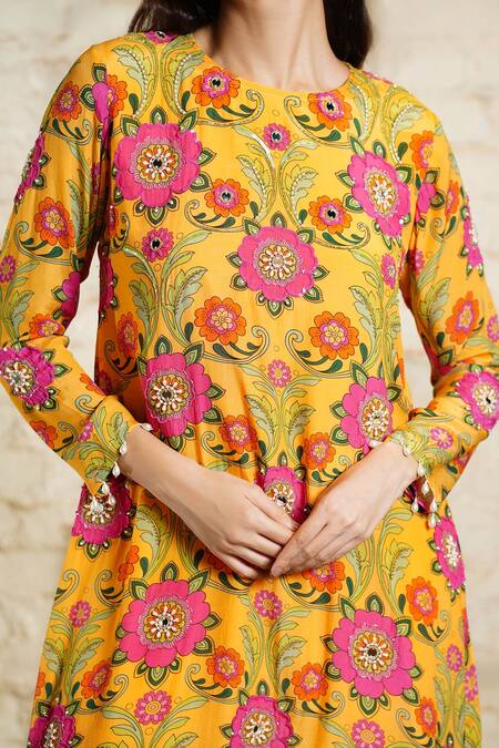 Sajeda A Lehry Yellow Crepe Sequins, Pearls, Mirrors Floral Print Tunic Set With Dhoti Pant Online at Aza Fashions Sajeda A Lehry_Yellow Crepe Sequins, Pearls, Mirrors Floral Print Tunic Set With Dhoti Pant _Online_at_Aza_Fashions
