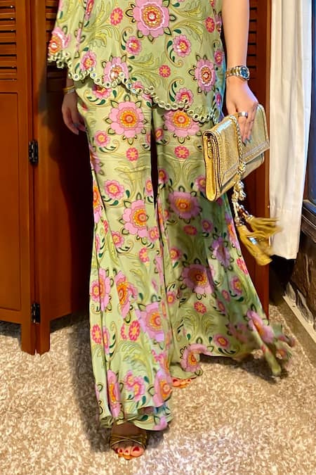 Sajeda A Lehry_Green Crepe Sequins, Embroidery One Shoulder Floral Printed Tunic And Sharara _Online_at_Aza_Fashions