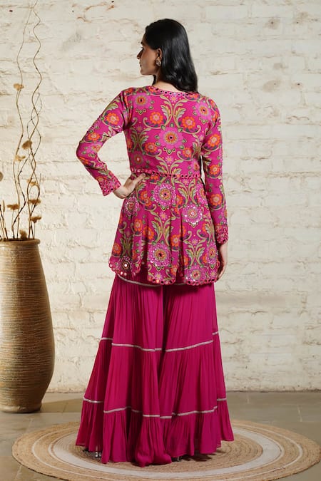 Shop_Sajeda A Lehry_Pink Crepe, Georgette Sequins, Mirrors, Crystals Floral Print Peplum Kurta Set _at_Aza_Fashions