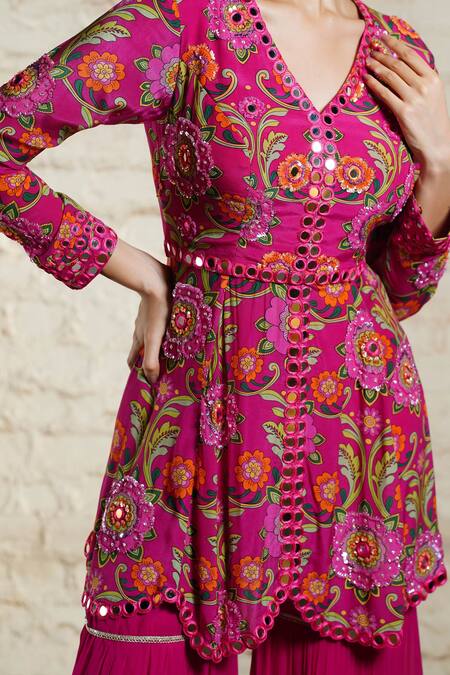 Sajeda A Lehry_Pink Crepe, Georgette Sequins, Mirrors, Crystals Floral Print Peplum Kurta Set _Online_at_Aza_Fashions