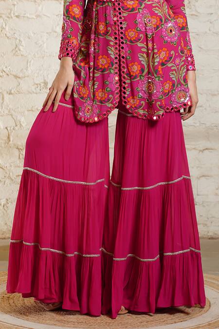 Buy_Sajeda A Lehry_Pink Crepe, Georgette Sequins, Mirrors, Crystals Floral Print Peplum Kurta Set _Online_at_Aza_Fashions
