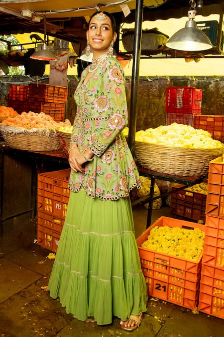 Sajeda A Lehry Floral Mirror Embroidered Peplum & Sharara Set 