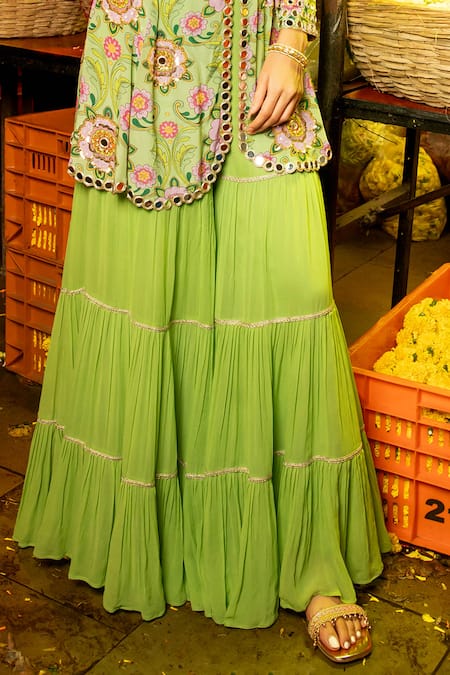 Buy_Sajeda A Lehry_Green Crepe, Georgette Mirrors, Floral Embroidered Peplum And Sharara Set _Online_at_Aza_Fashions
