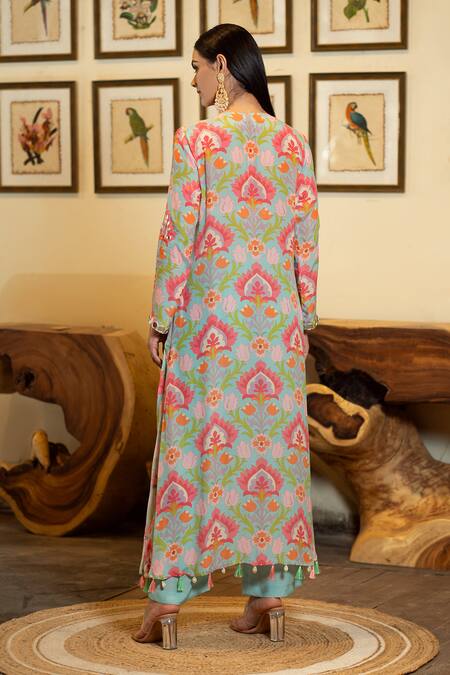 Shop_Sajeda A Lehry_Aqua Crepe Tassels, Embroidery V-neck Floral Print Kurta Set With Pant _at_Aza_Fashions