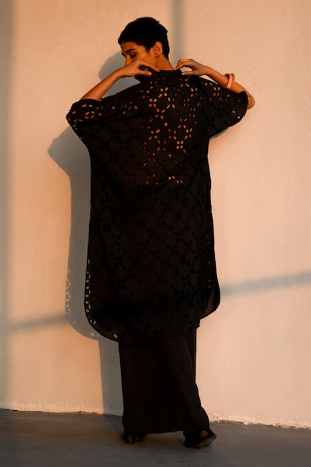 Shop Ituvana Black Cotton Cut Work Collared Embroidered Kurta And Pant Set at Aza Fashions Shop_Ituvana_Black Cotton Cut Work Collared Embroidered Kurta And Pant Set _at_Aza_Fashions