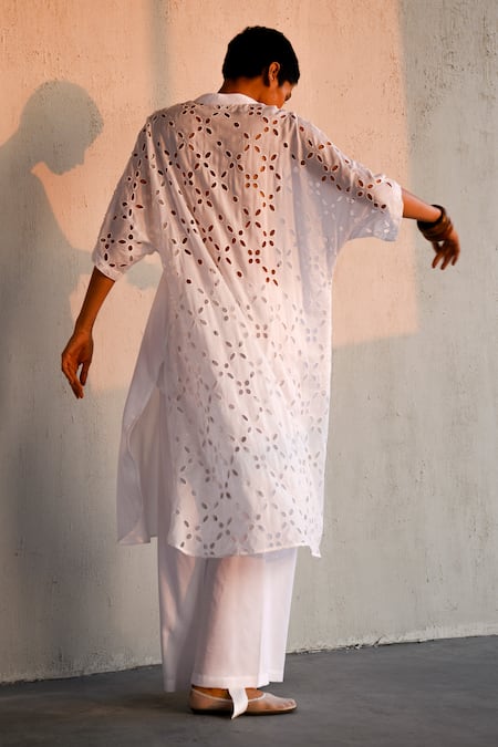 Shop Ituvana White Cotton Cut Work Collared Embroidered Kurta And Pant Set at Aza Fashions Shop_Ituvana_White Cotton Cut Work Collared Embroidered Kurta And Pant Set _at_Aza_Fashions