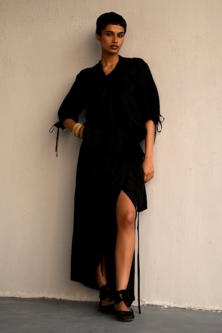 Ituvana Black Silk Round Neck Drawstring Top And Wrap Skirt Set 