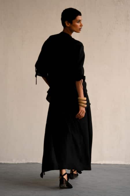 Shop Ituvana Black Silk Round Neck Drawstring Top And Wrap Skirt Set at Aza Fashions Shop_Ituvana_Black Silk Round Neck Drawstring Top And Wrap Skirt Set _at_Aza_Fashions