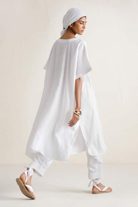 Ituvana White Linen Kaftan & Pant Set 