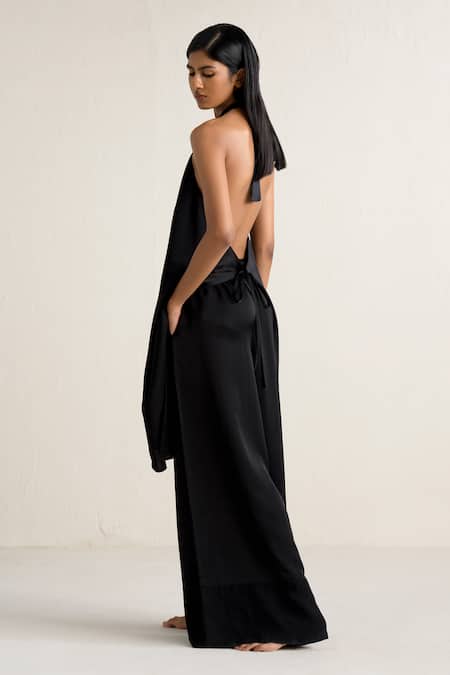 Shop Ituvana Black Silk, Linen Patchwork Halter Neck Backless Tie-up Top And Wide Leg Pant Set at Aza Fashions Shop_Ituvana_Black Silk, Linen Patchwork Halter Neck Backless Tie-up Top And Wide Leg Pant Set _at_Aza_Fashions
