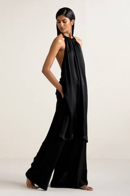 Buy Ituvana Black Silk, Linen Patchwork Halter Neck Backless Tie-up Top And Wide Leg Pant Set Online at Aza Fashions Buy_Ituvana_Black Silk, Linen Patchwork Halter Neck Backless Tie-up Top And Wide Leg Pant Set _Online_at_Aza_Fashions