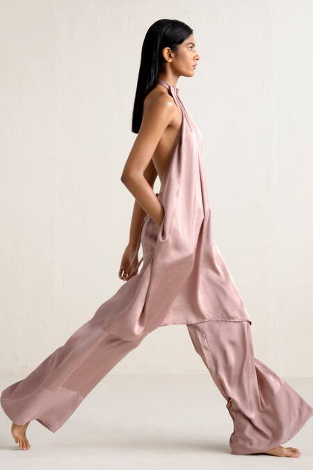 Buy Ituvana Pink Silk, Linen Halter Neck Backless Tie-up Long Top And Wide Leg Pant Set Online at Aza Fashions Buy_Ituvana_Pink Silk, Linen Halter Neck Backless Tie-up Long Top And Wide Leg Pant Set _Online_at_Aza_Fashions