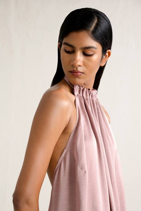 Shop Ituvana Pink Silk, Linen Halter Neck Backless Tie-up Long Top And Wide Leg Pant Set Online at Aza Fashions Shop_Ituvana_Pink Silk, Linen Halter Neck Backless Tie-up Long Top And Wide Leg Pant Set _Online_at_Aza_Fashions