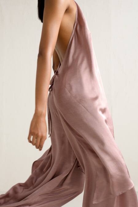 Ituvana Pink Silk, Linen Halter Neck Backless Tie-up Long Top And Wide Leg Pant Set at Aza Fashions Ituvana_Pink Silk, Linen Halter Neck Backless Tie-up Long Top And Wide Leg Pant Set _at_Aza_Fashions