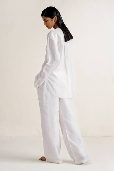 Shop_Ituvana_White Linen Split V-neck Shirt And Wide Leg Pant Set _at_Aza_Fashions