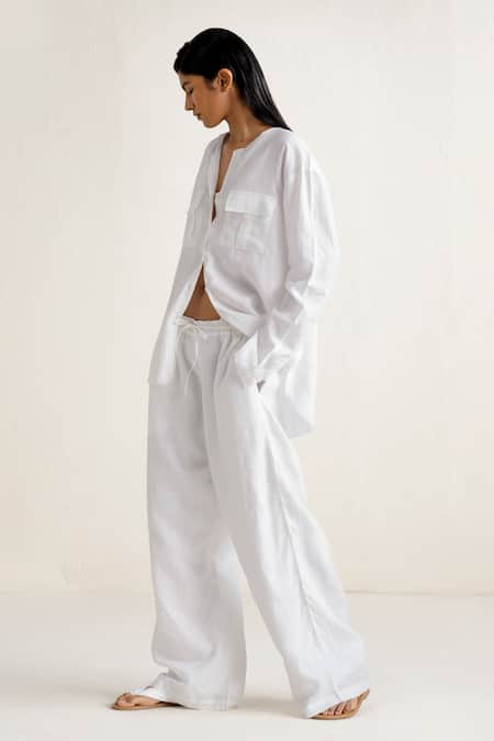 Ituvana_White Linen Split V-neck Shirt And Wide Leg Pant Set _Online_at_Aza_Fashions