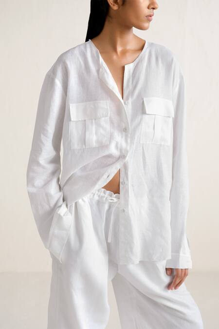 Buy_Ituvana_White Linen Split V-neck Shirt And Wide Leg Pant Set _Online_at_Aza_Fashions