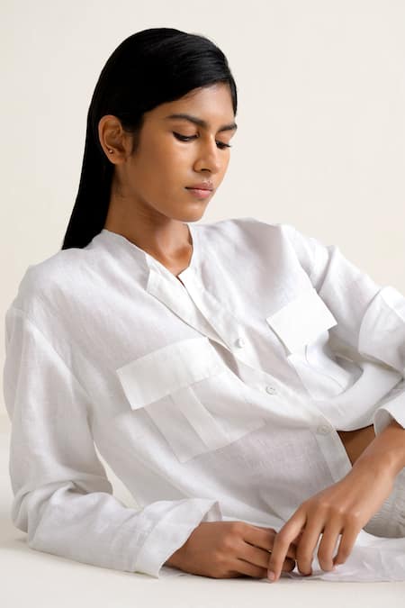 Shop_Ituvana_White Linen Split V-neck Shirt And Wide Leg Pant Set _Online_at_Aza_Fashions