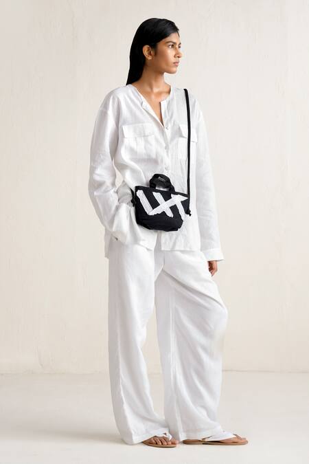 Ituvana_White Linen Split V-neck Shirt And Wide Leg Pant Set _at_Aza_Fashions